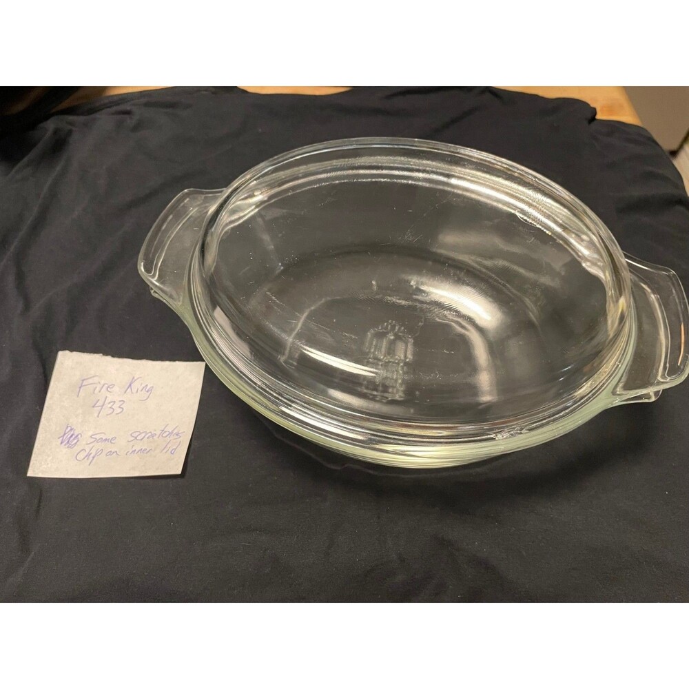 Vintage FIRE KING Anchor Hocking Clear Oval Dish with Lid #433 Casserole 1.5 Qt